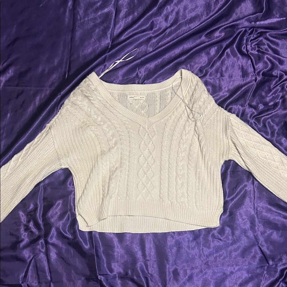 Aeropostale Cream Cable Knit V-Neck Cropped Sweater